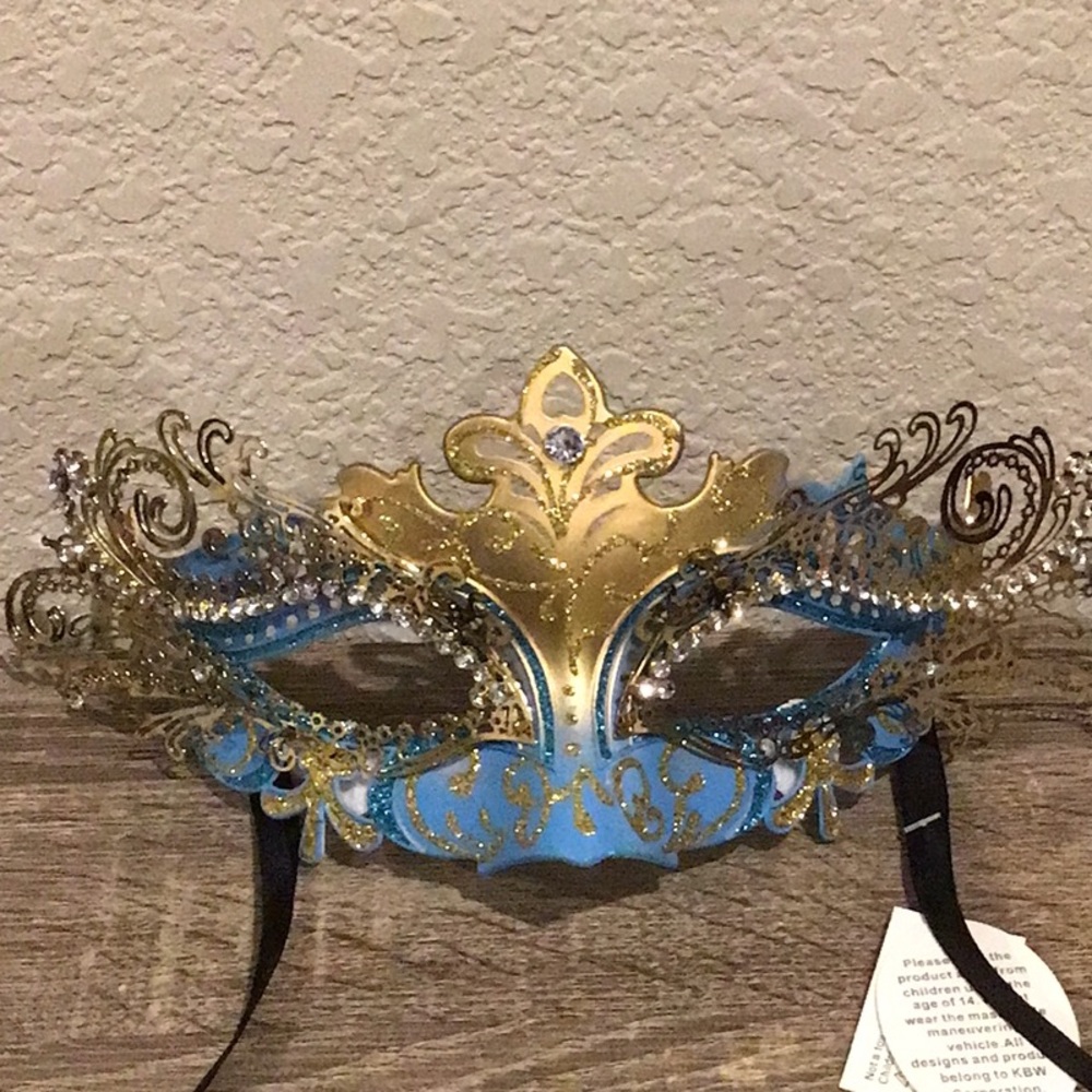 Gold & Blue Masquerade Laser Beaded Design Metal Mask Costume Party